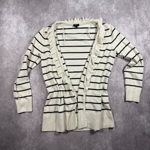 Talbots Cardigan Sweater Women M Ivory Navy Striped Ruffle Open Front Balletcore